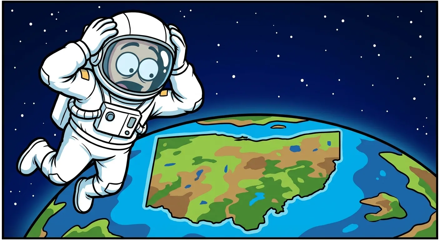Cartoon illustration of an astronaut looking down at Earth covered entirely in the shape of Ohio, shocked