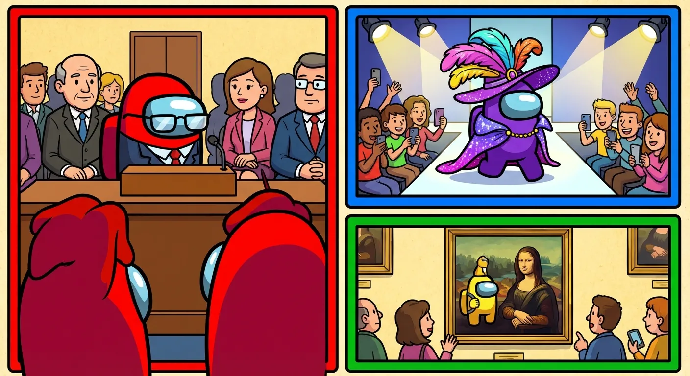 Cartoon illustration of Among Us crewmates appearing in unexpected cultural situations including a congressional hearing, fashion runway, and museum