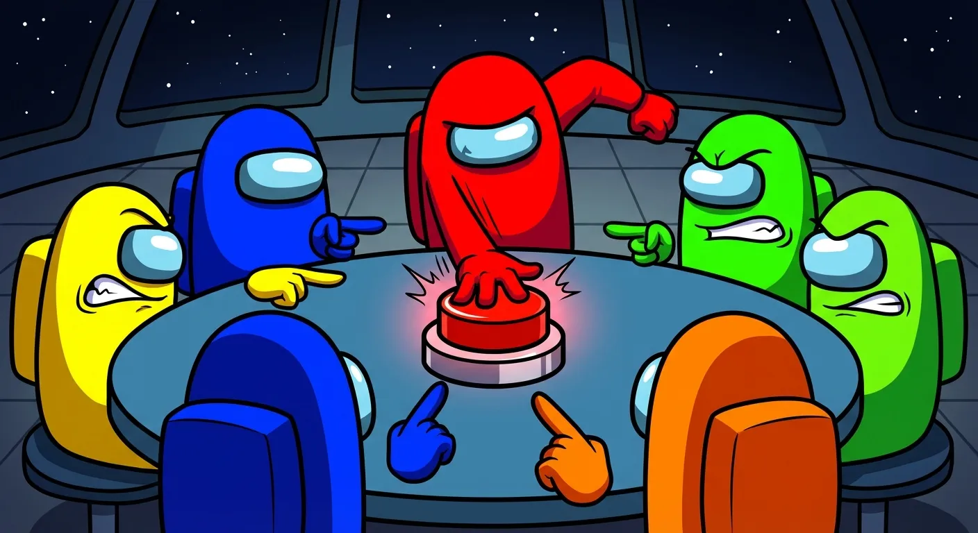 Cartoon illustration of Among Us crewmates gathered around a cafeteria table for an Emergency Meeting in a spaceship setting