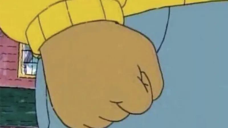 Arthur the aardvark's clenched fist — the iconic screencap from Arthur's Big Hit that became the internet's go-to rage reaction