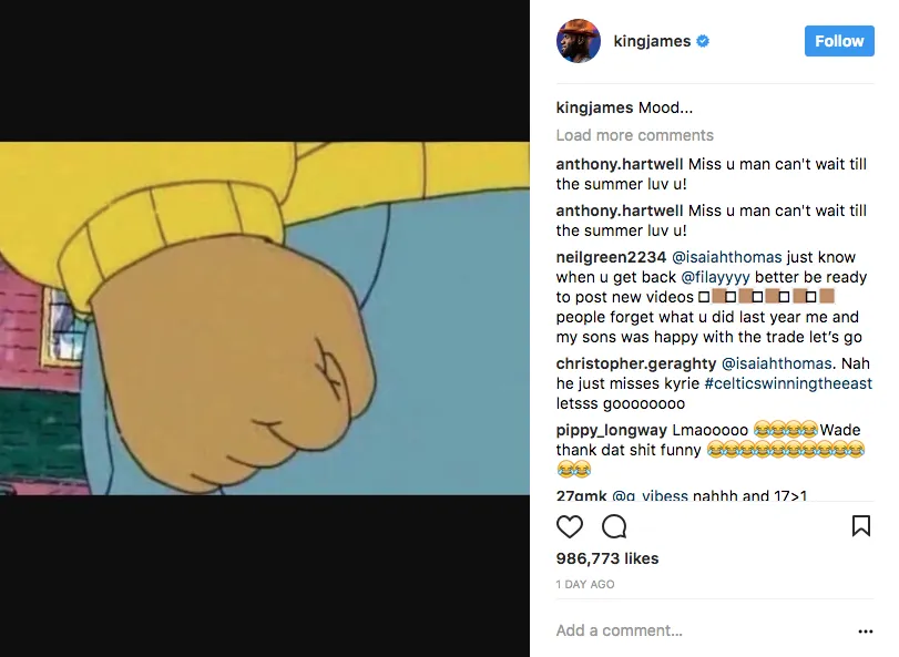 LeBron James's Instagram post of Arthur's Fist with the caption 'mood' — the 987K-like post that made sports media question if LeBron understood memes