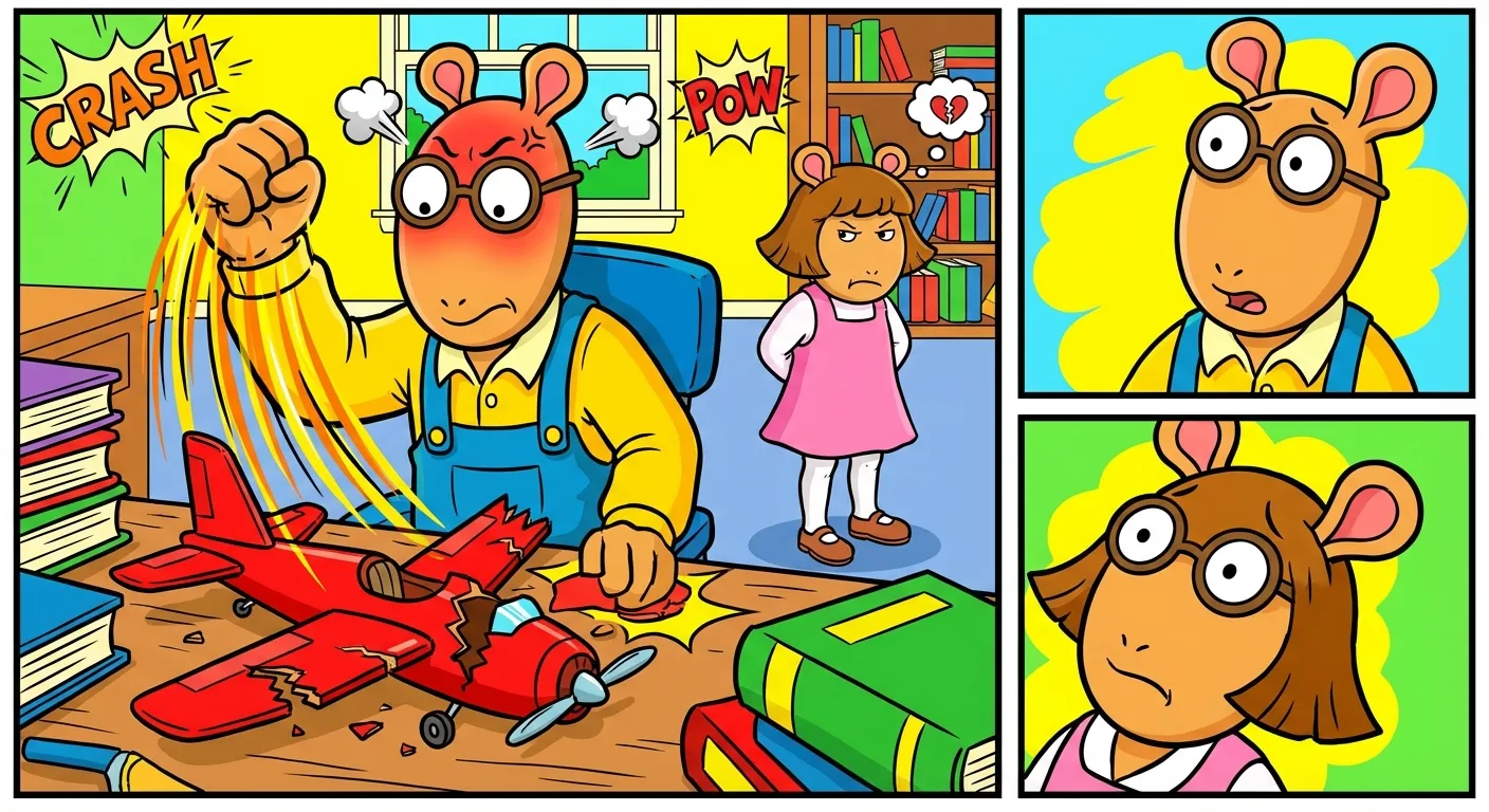 Cartoon illustration of Arthur the aardvark clenching his fist at his desk with a broken model airplane while his sister D.W. looks guilty
