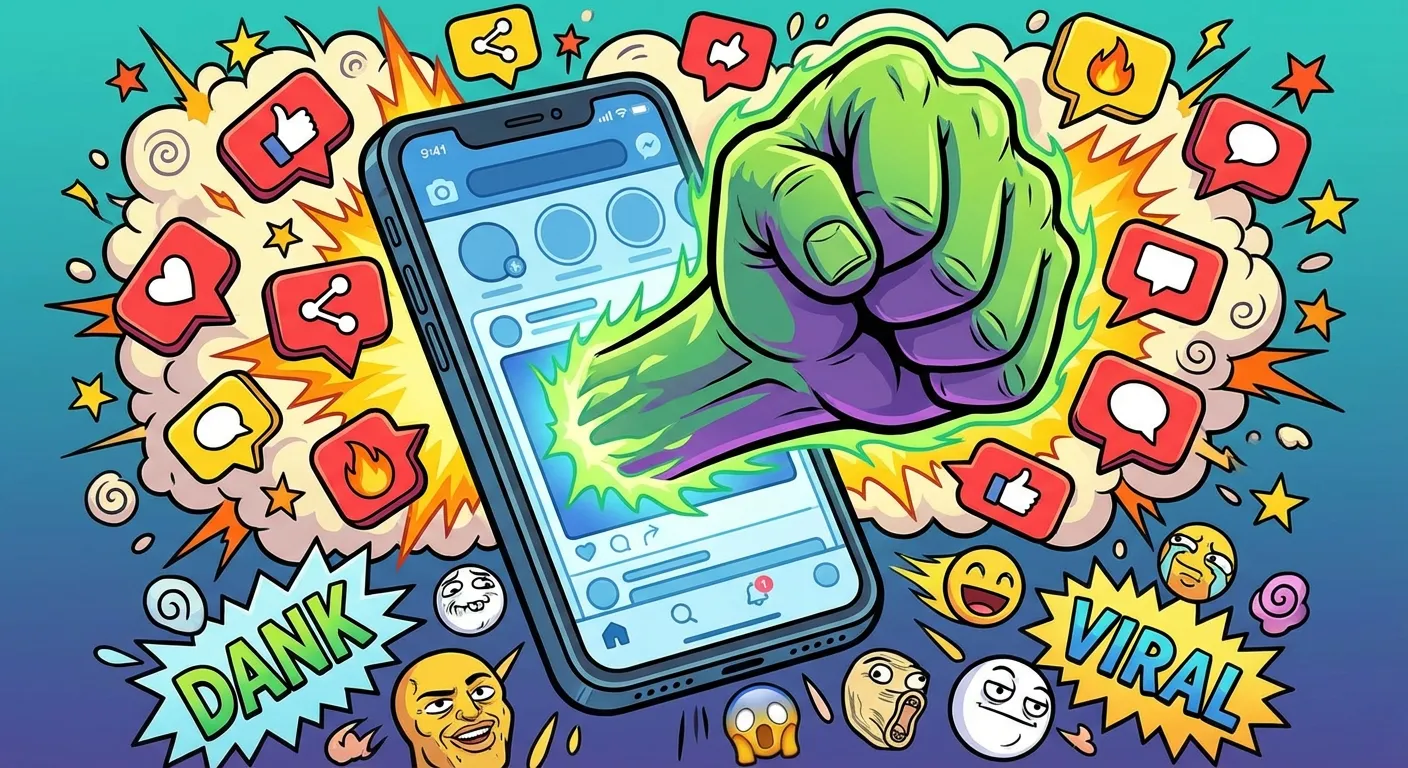 Cartoon illustration of Arthur's clenched fist taking over a phone screen showing a viral social media feed with notifications exploding