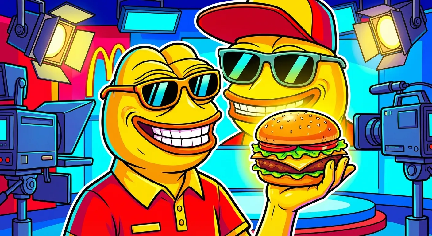 Cartoon illustration of a meme celebrity appearing in a fast food commercial, holding a burger with golden arches in the background