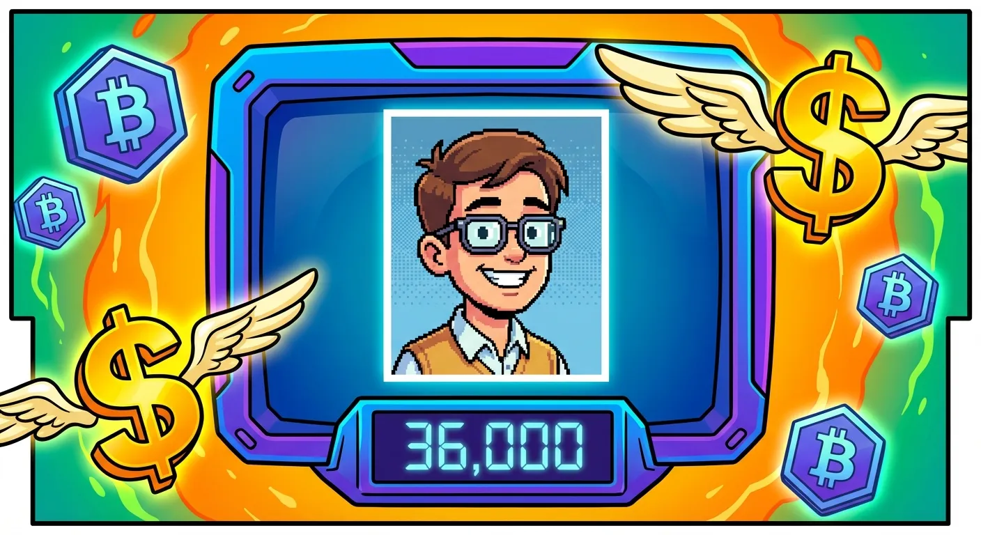 Cartoon illustration of a yearbook photo displayed on a digital auction screen with blockchain hexagons and a $36,000 bid