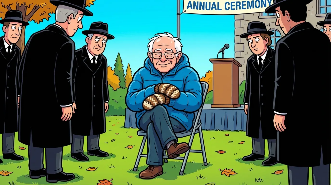 Cartoon illustration of the Bernie Sanders mittens meme — a senator sitting cross-legged in a folding chair wearing oversized knitted mittens and a puffy coat at a formal ceremony