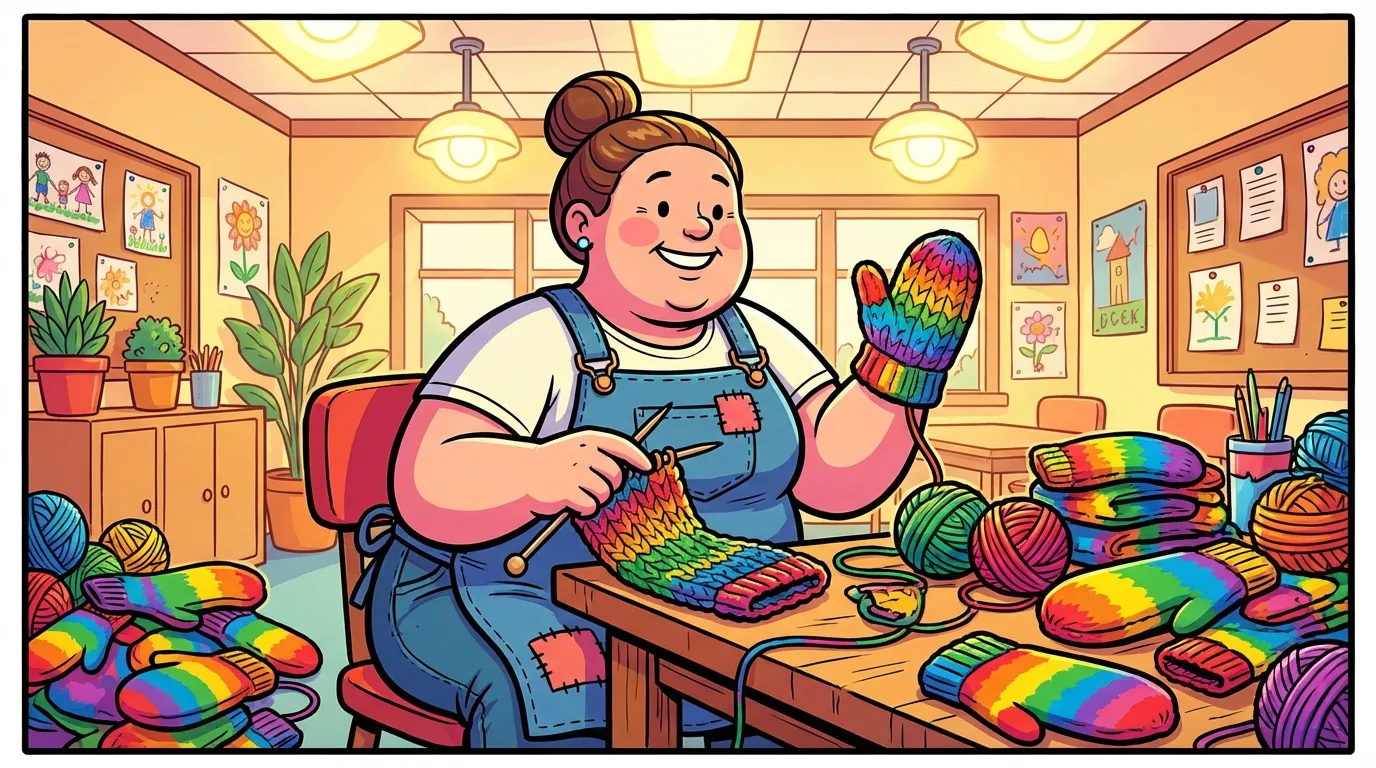 Cartoon illustration of Jen Ellis, the Vermont teacher who made Bernie Sanders' famous mittens, knitting at a craft table surrounded by colorful yarn and finished mittens