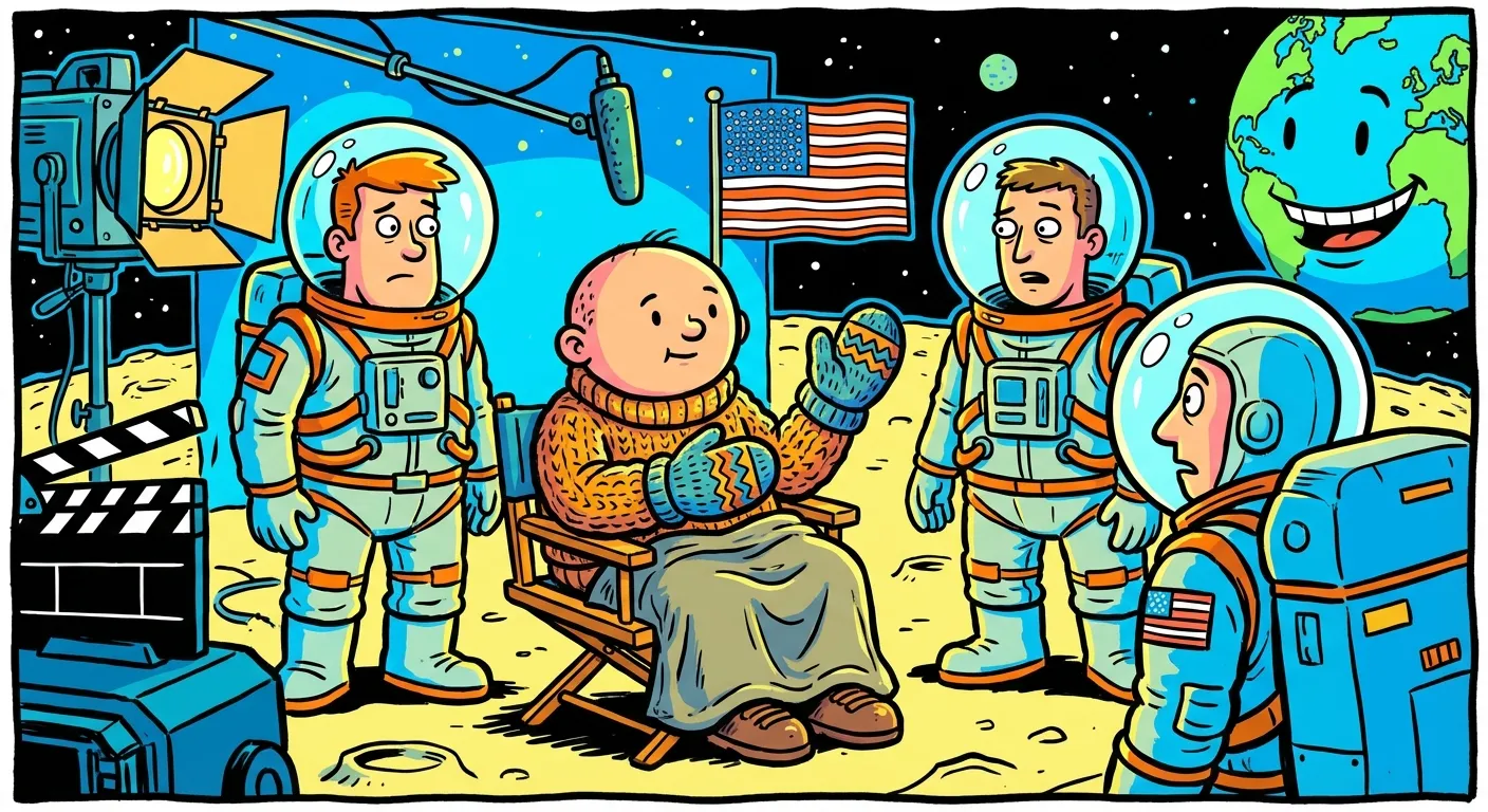 Cartoon illustration of the Bernie Sanders mittens figure photoshopped onto the moon surface with astronauts, demonstrating the viral photoshop trend