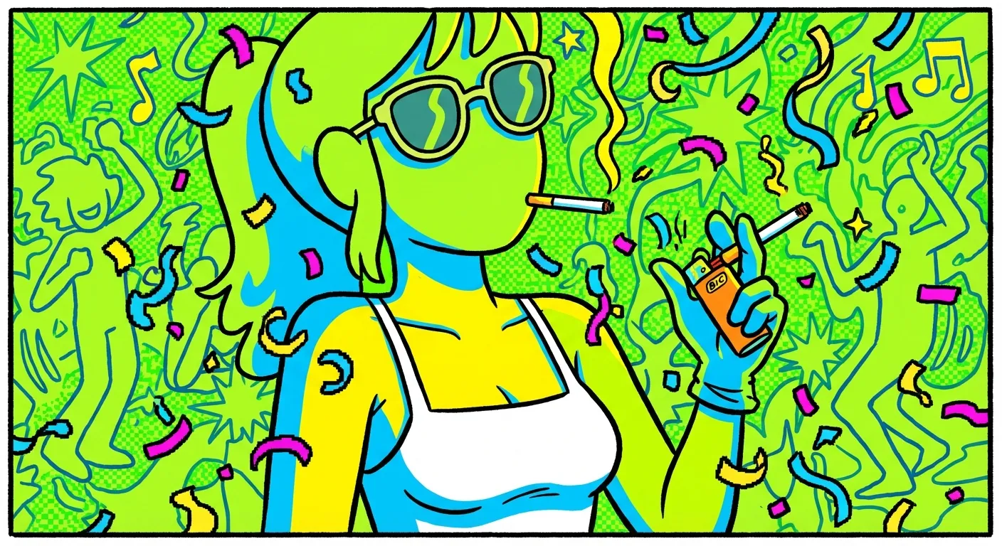 Cartoon illustration of Brat Summer energy — a confident figure in sunglasses against a neon lime-green background with confetti and party vibes