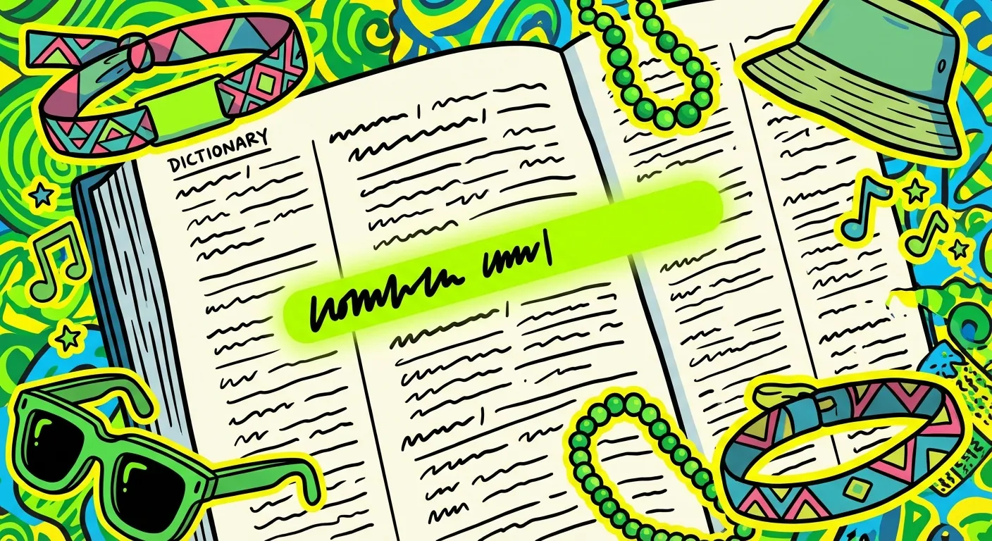 Cartoon illustration of a dictionary page with 'brat' highlighted in lime green as word of the year, surrounded by 2024 cultural artifacts like festival wristbands and green accessories