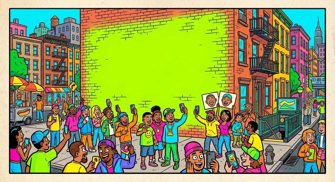 Cartoon illustration of the Brat Wall in Brooklyn — a neon lime-green wall with fans taking selfies in front of it on a sunny urban street