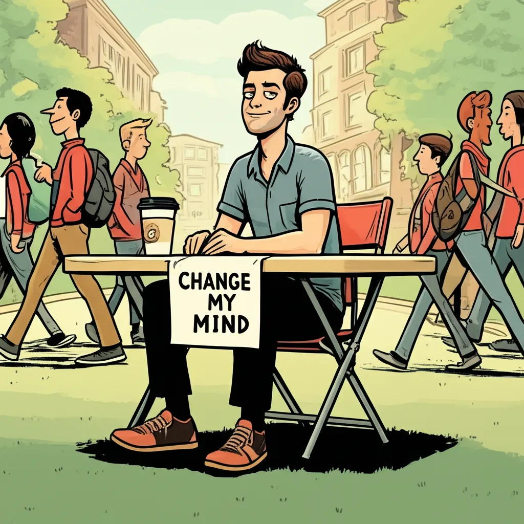 Cartoon illustration of the Change My Mind meme — a confident man sitting behind a small folding table with a sign on a college campus, coffee mug in hand, students walking by