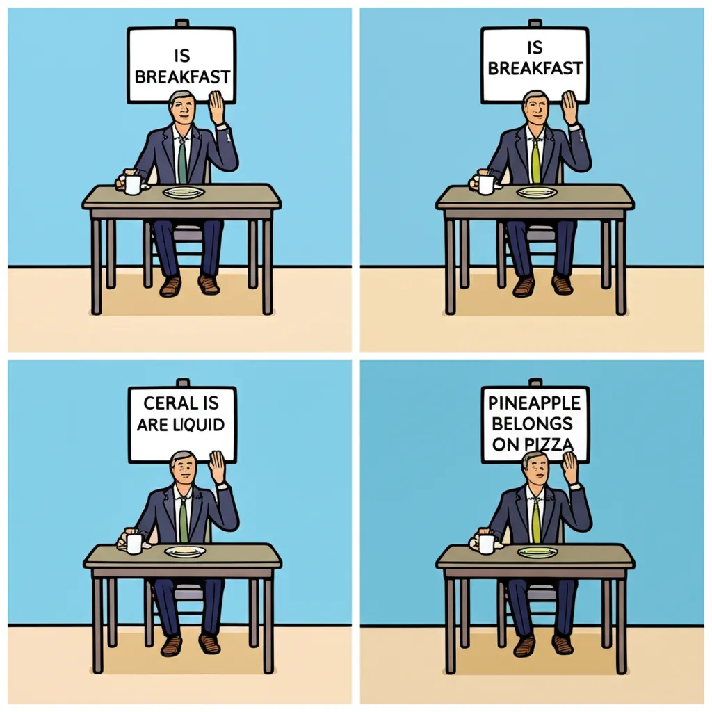 Cartoon illustration showing multiple versions of the Change My Mind meme with different funny opinions on the sign — a collage of meme variations