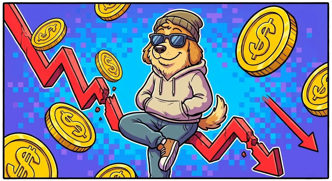Cartoon illustration of a laid-back dog character sitting calmly on top of a crashing cryptocurrency chart while coins fall around him, completely unbothered