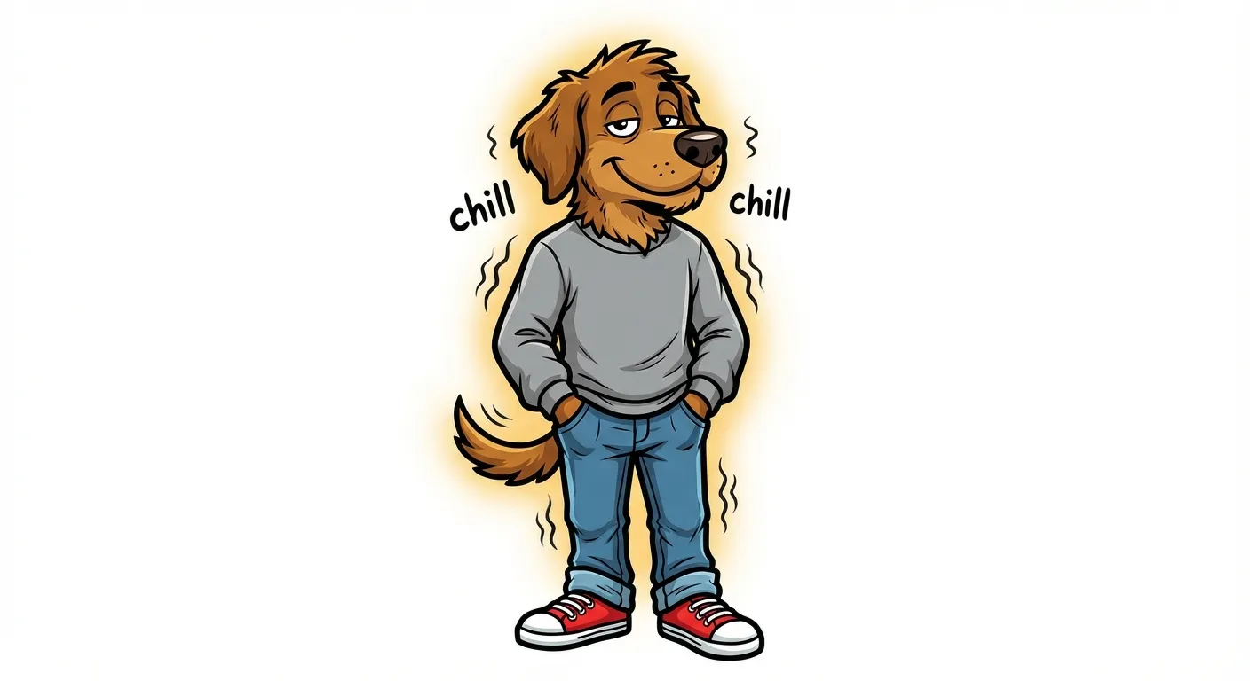 Cartoon illustration of the Chill Guy meme character — a laid-back anthropomorphic dog in grey sweater, blue jeans, and red sneakers with hands in pockets