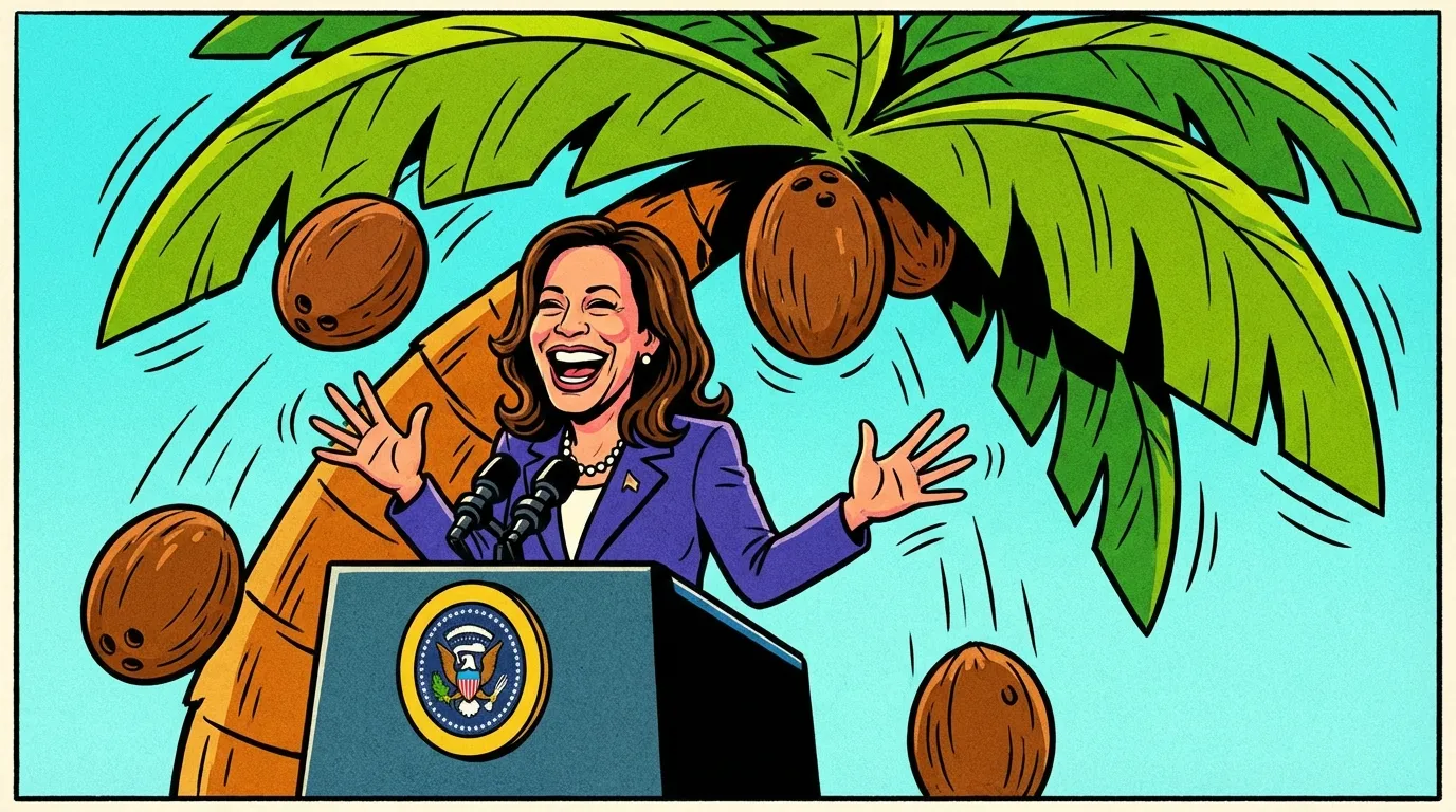 Cartoon illustration of the Kamala Harris coconut tree meme — a woman laughing at a podium with a giant coconut tree behind her, coconuts falling around her