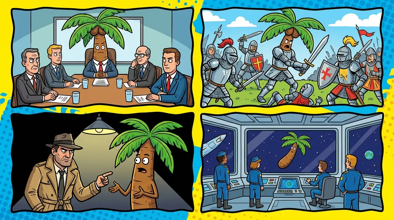 Cartoon illustration of a collage of meme panels featuring coconut trees absurdly inserted into dramatic movie and TV scenes