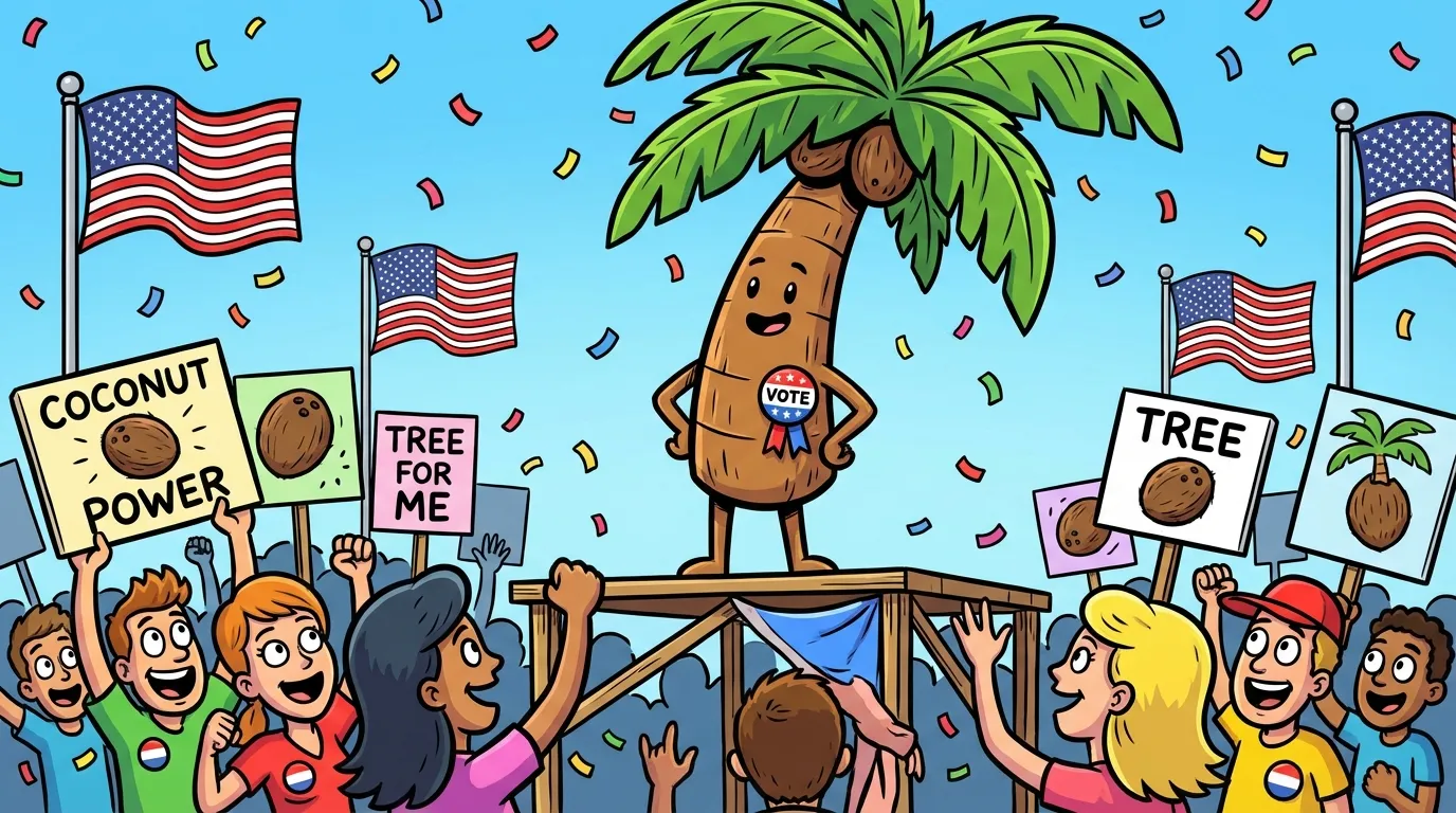 Cartoon illustration of a coconut tree as a campaign mascot, standing before a crowd of cheering supporters holding coconut-themed signs with American flags in background