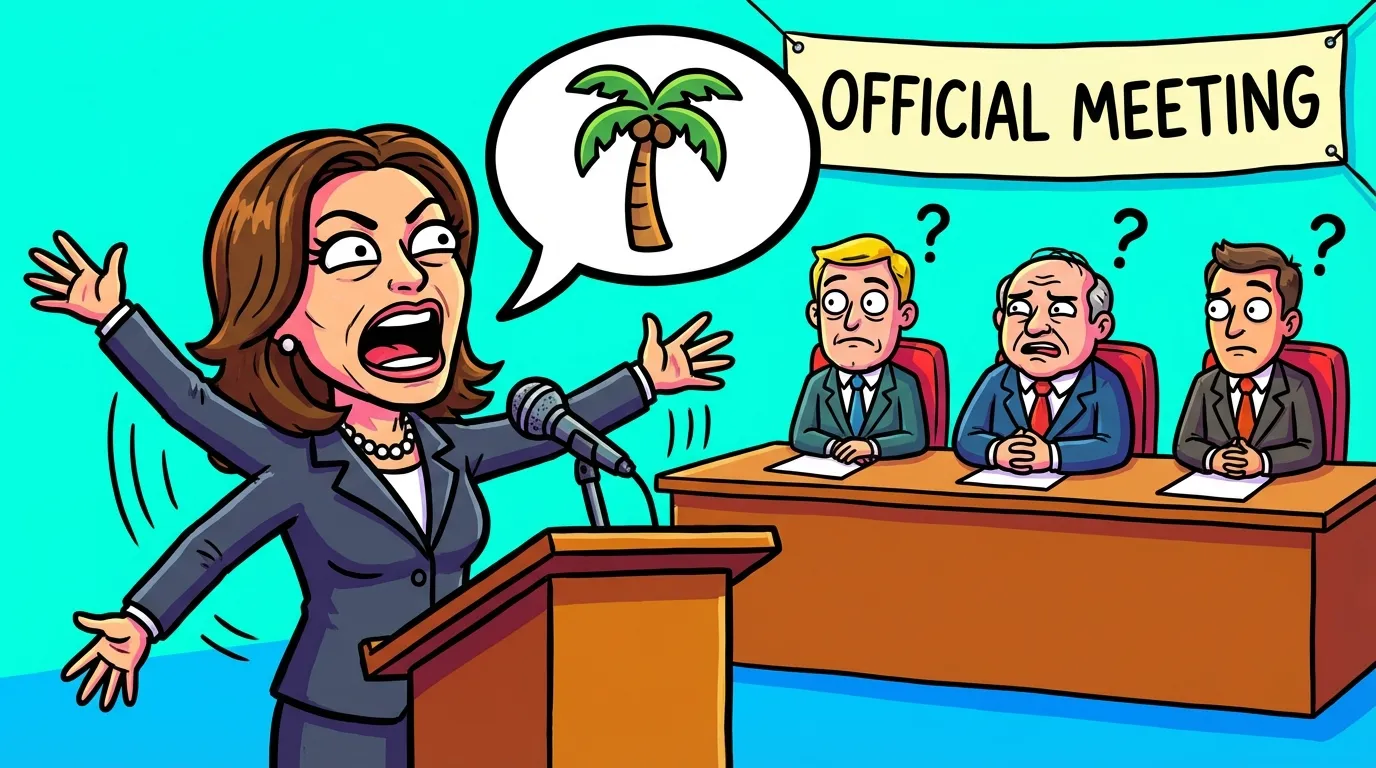 Cartoon illustration of politicians reacting with confusion to a woman giving an animated speech at a microphone, with coconut tree imagery floating above