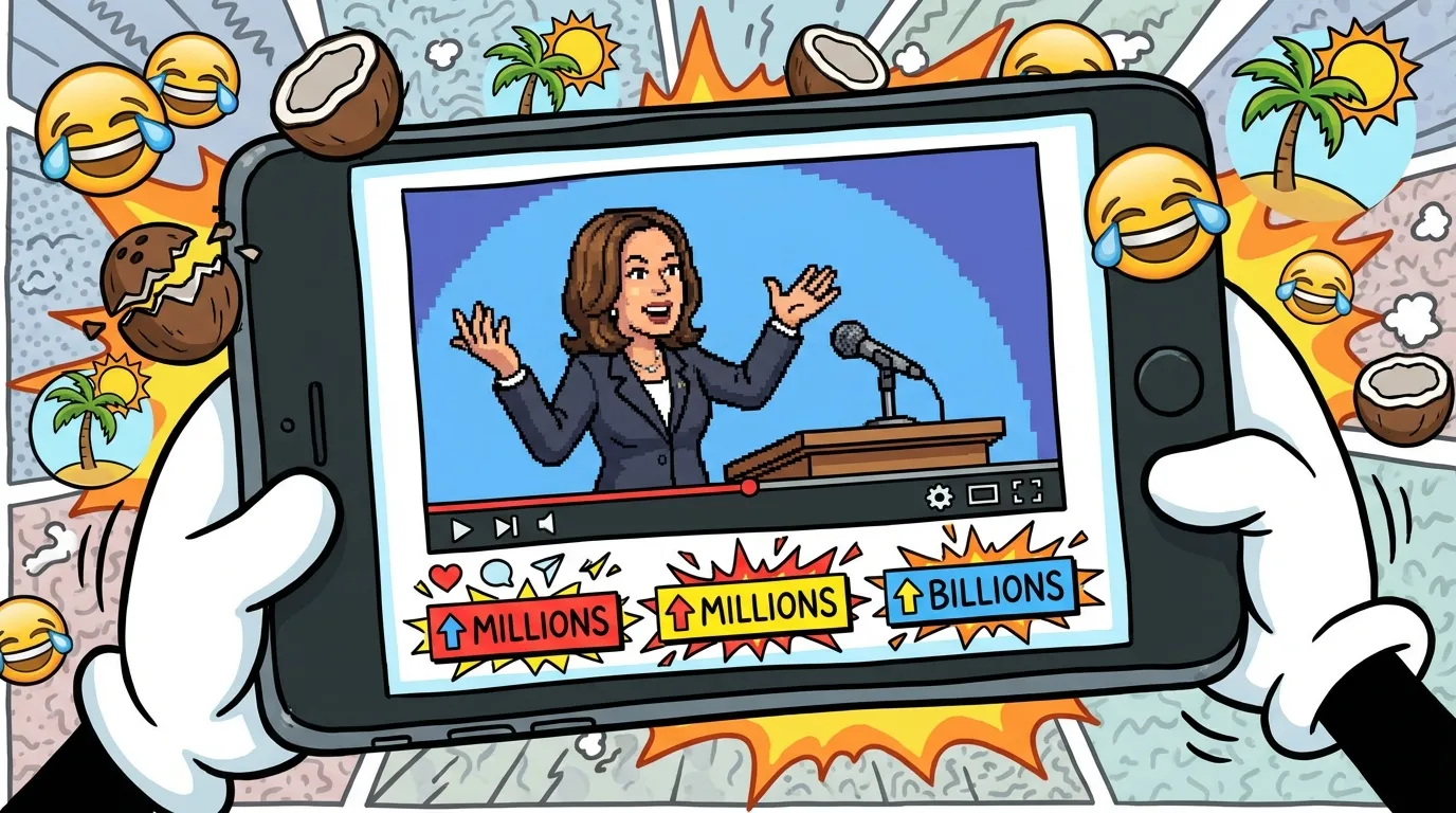 Cartoon illustration of a smartphone showing a viral coconut tree video with millions of views, surrounded by floating reaction emojis — laughing faces, coconuts, and palm trees