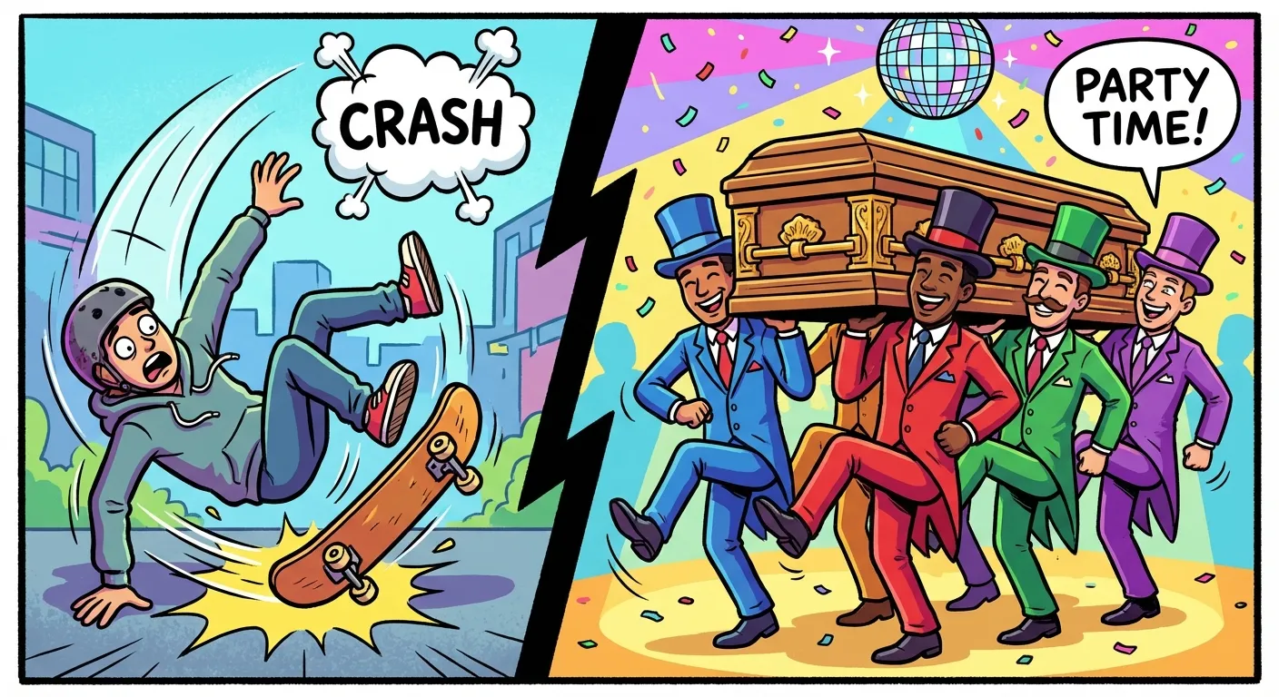 Cartoon illustration showing a split scene — someone failing at a skateboard stunt on the left, and four suited pallbearers dancing with a coffin on the right