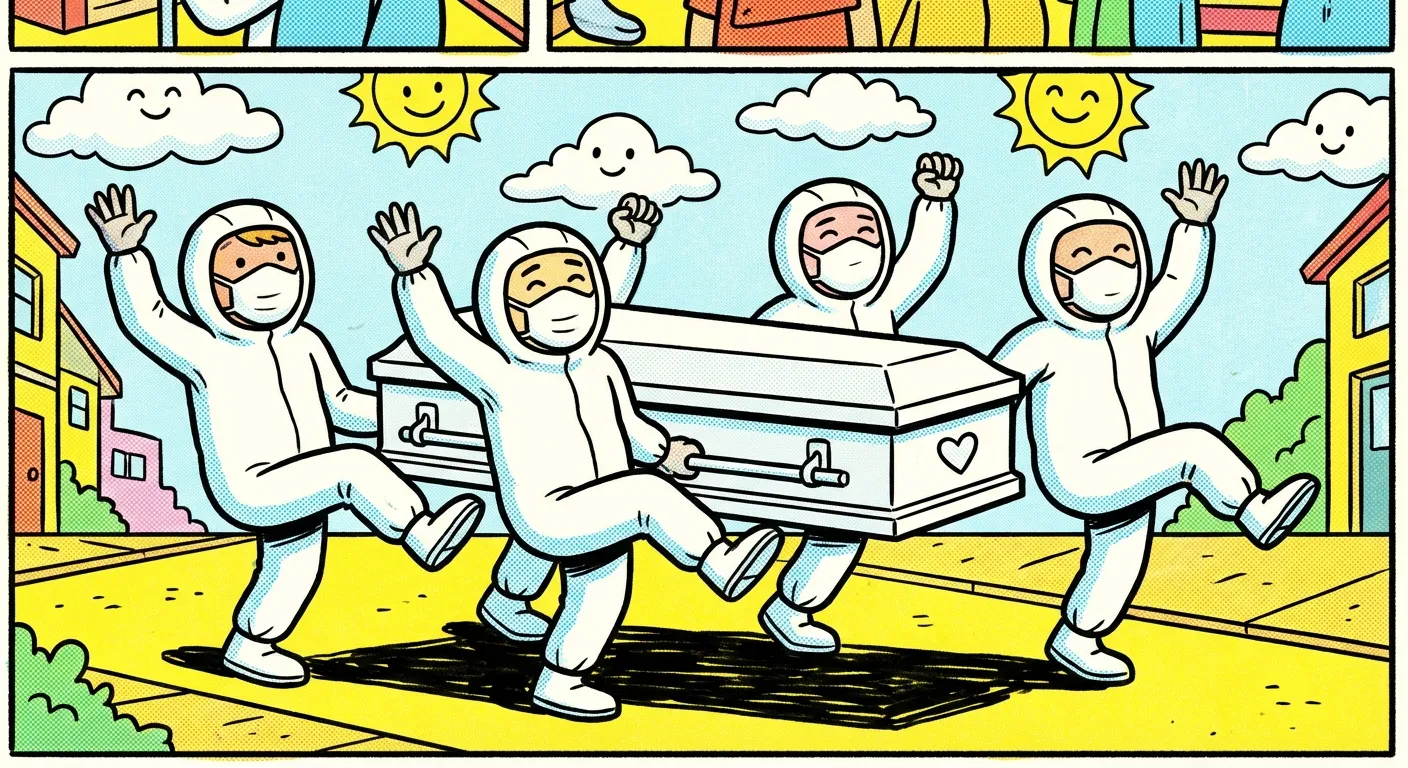 Cartoon illustration of four pallbearers in white suits and face masks dancing with a coffin, representing their 2020 COVID-19 awareness message