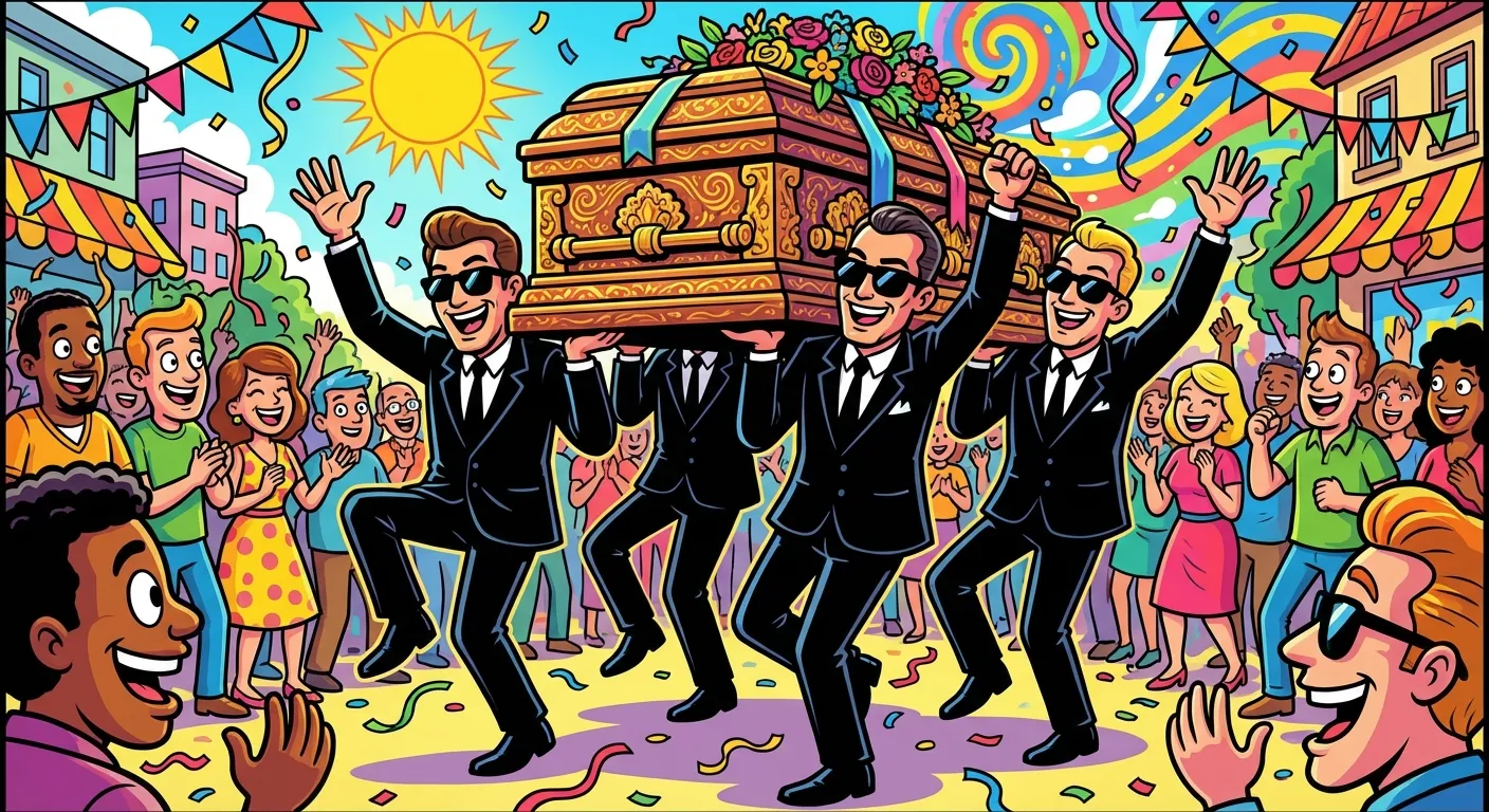 Cartoon illustration of four men in sharp black suits and sunglasses joyfully dancing while carrying a coffin at a festive Ghanaian celebration