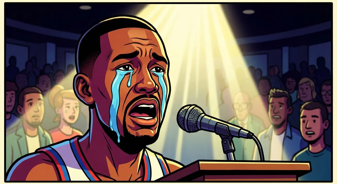 Cartoon illustration of a basketball player crying dramatically at a podium during his Hall of Fame induction speech, tears streaming down face under dramatic spotlight