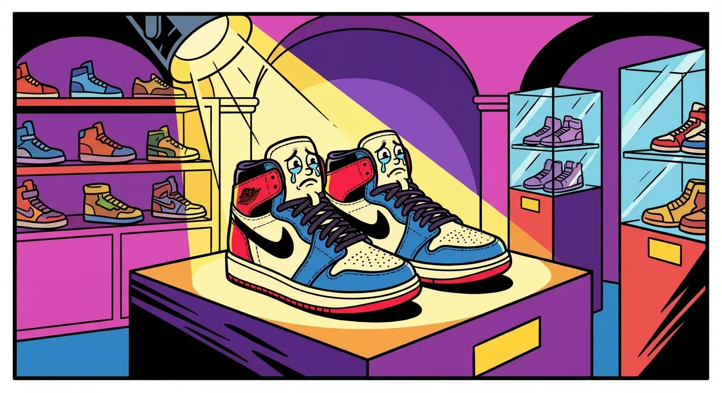 Cartoon illustration of basketball sneakers with a crying face embroidered on the tongue, displayed on a pedestal in a sneaker museum with dramatic lighting