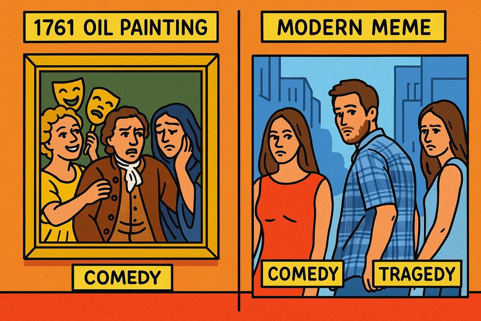 Cartoon illustration comparing the 1761 Joshua Reynolds painting of David Garrick between Comedy and Tragedy with the modern Distracted Boyfriend meme