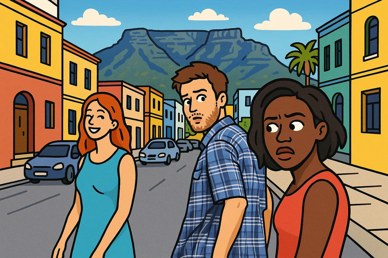 Cartoon illustration of the real-life Distracted Boyfriend meme recreation in Cape Town — three people accidentally recreating the pose with Table Mountain in background