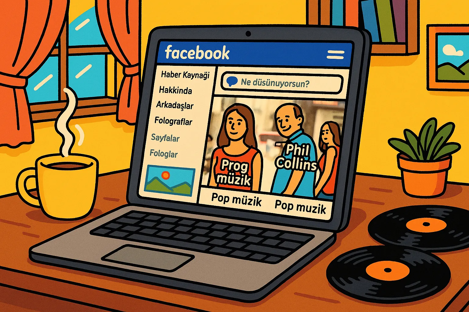 Cartoon illustration of the Distracted Boyfriend meme's Turkish Facebook origin — a laptop showing Phil Collins choosing pop music over prog music