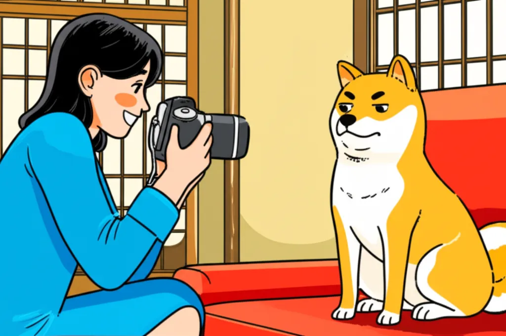 Cartoon illustration of Atsuko Sato photographing Kabosu the Shiba Inu on a couch in her Japanese apartment in 2010
