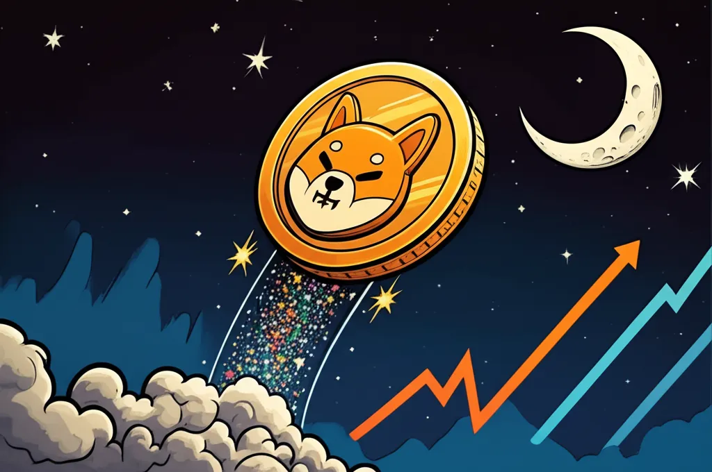Cartoon illustration of a golden Dogecoin with Kabosu Shiba Inu face rocketing to the moon with stock charts rising dramatically