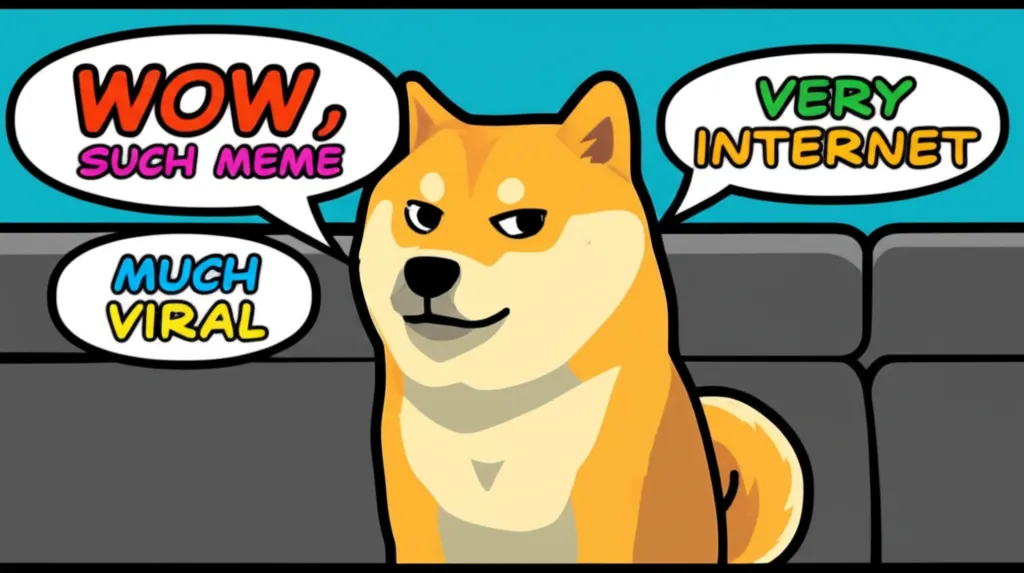 Cartoon illustration of the Doge meme — Shiba Inu with raised eyebrows surrounded by Comic Sans text bubbles