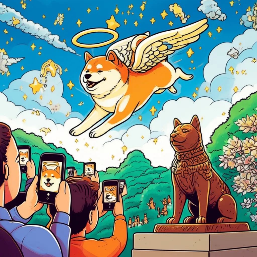 Cartoon illustration of Kabosu the Shiba Inu as an angel with wings and a halo floating among stars, with people below holding up phones showing her face and a bronze statue in a Japanese park