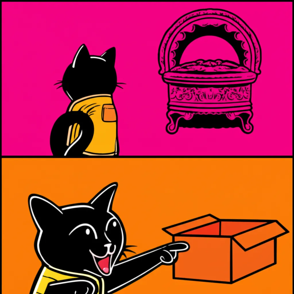 Cartoon illustration of a black cat in a yellow jacket doing the Drake meme — rejecting an expensive cat bed and approving a cardboard box