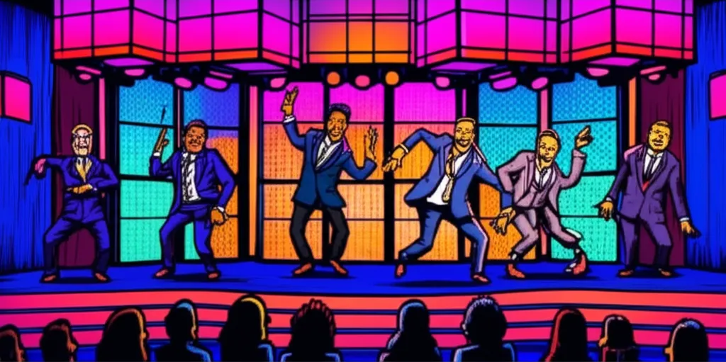Cartoon illustration of a Saturday Night Live style comedy stage with performers doing exaggerated Drake dance moves under colorful neon lighting