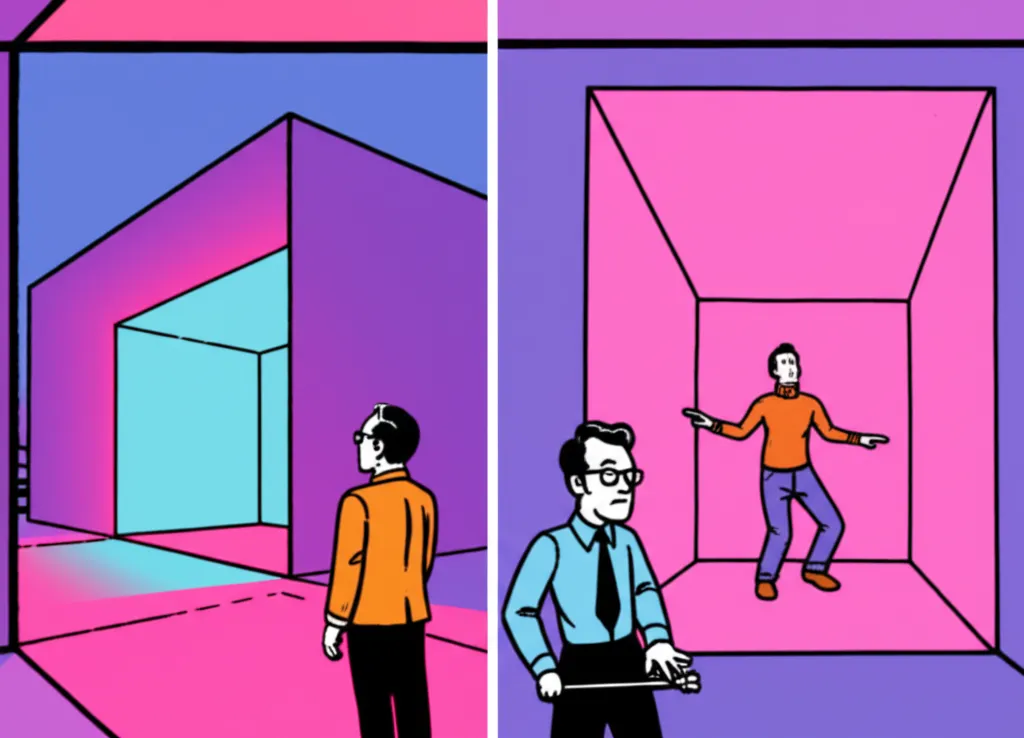 Cartoon illustration comparing a James Turrell Ganzfeld light art installation side by side with the Drake Hotline Bling music video set
