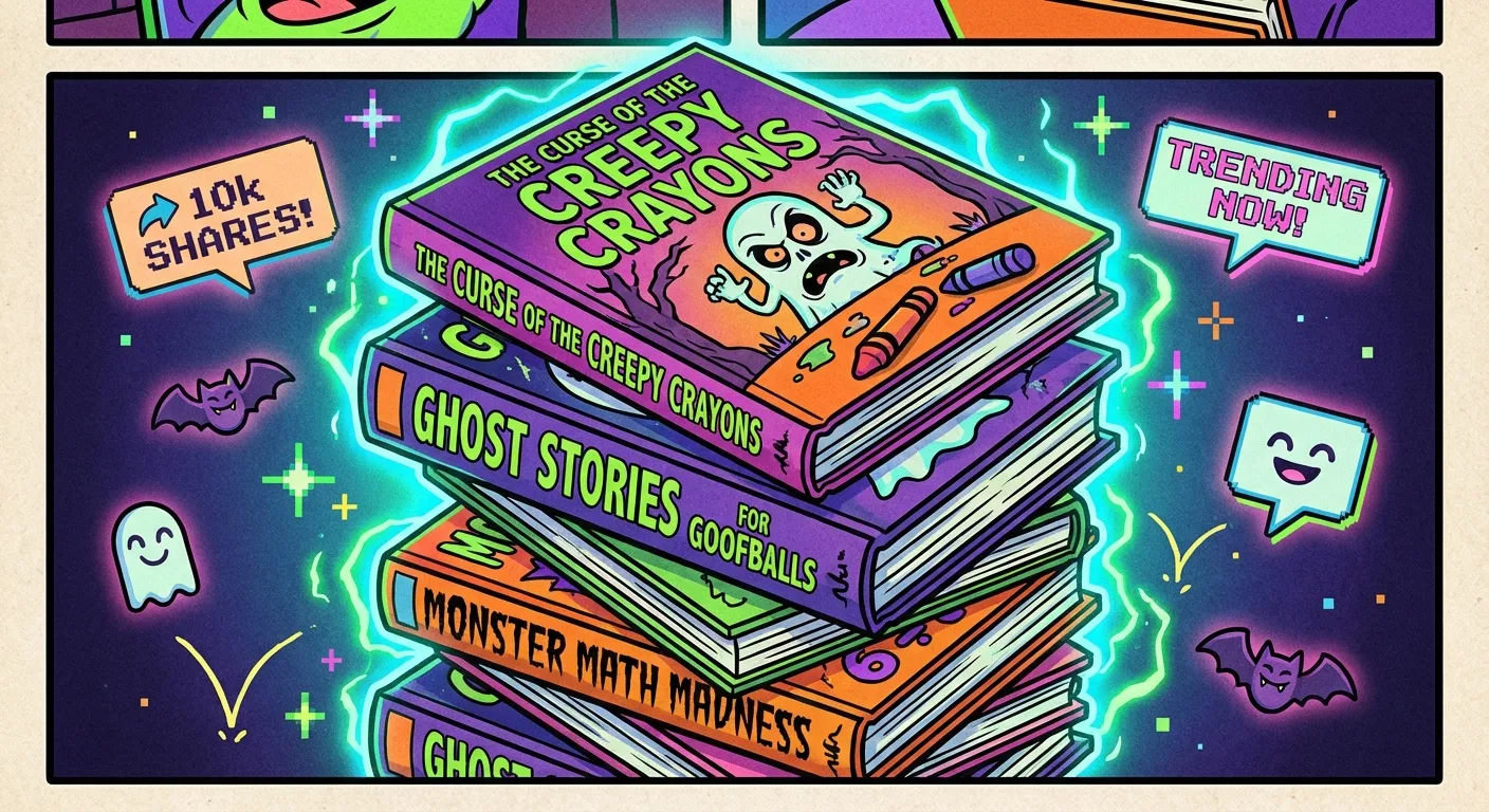 Cartoon illustration of colorful Goosebumps-style horror books glowing with viral internet energy, surrounded by notification icons and sparkles in a nostalgic 90s aesthetic