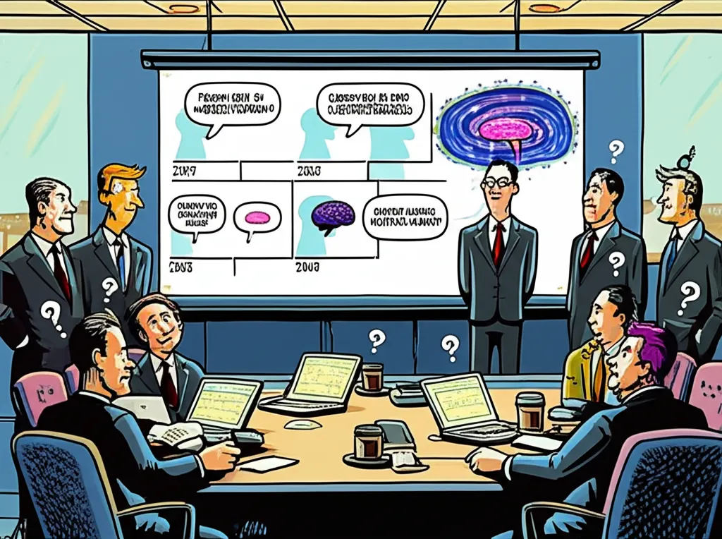 Cartoon boardroom where executives use an expanding brain meme format in their PowerPoint presentation