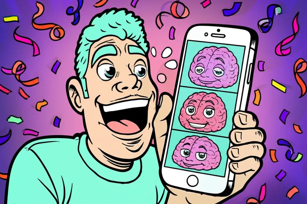 Cartoon person face-swapping themselves into expanding brain meme panels on a phone app, looking amused