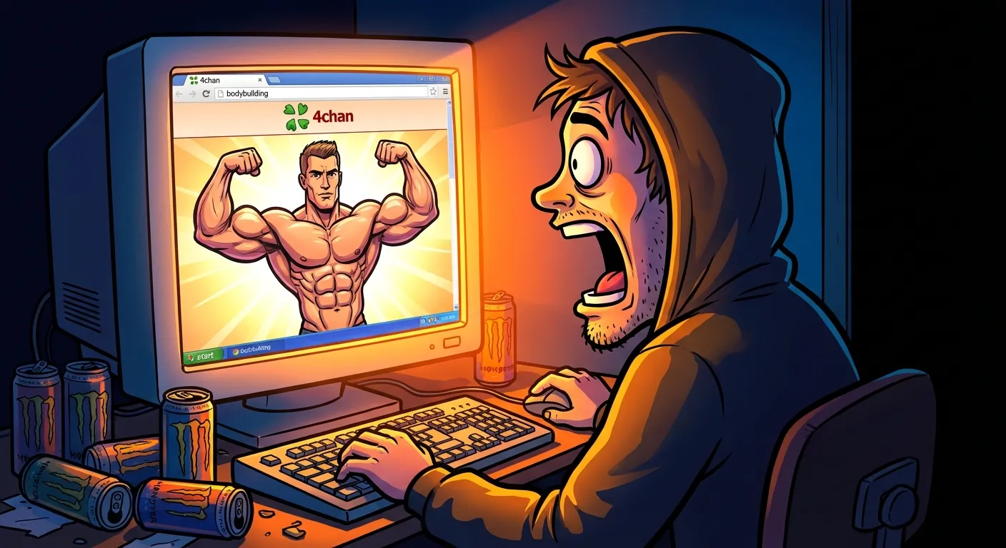 Cartoon illustration of a person discovering the GigaChad photos on their computer screen in 2017, jaw dropping at the impossibly chiseled model — representing the meme's first appearance on 4chan and Reddit