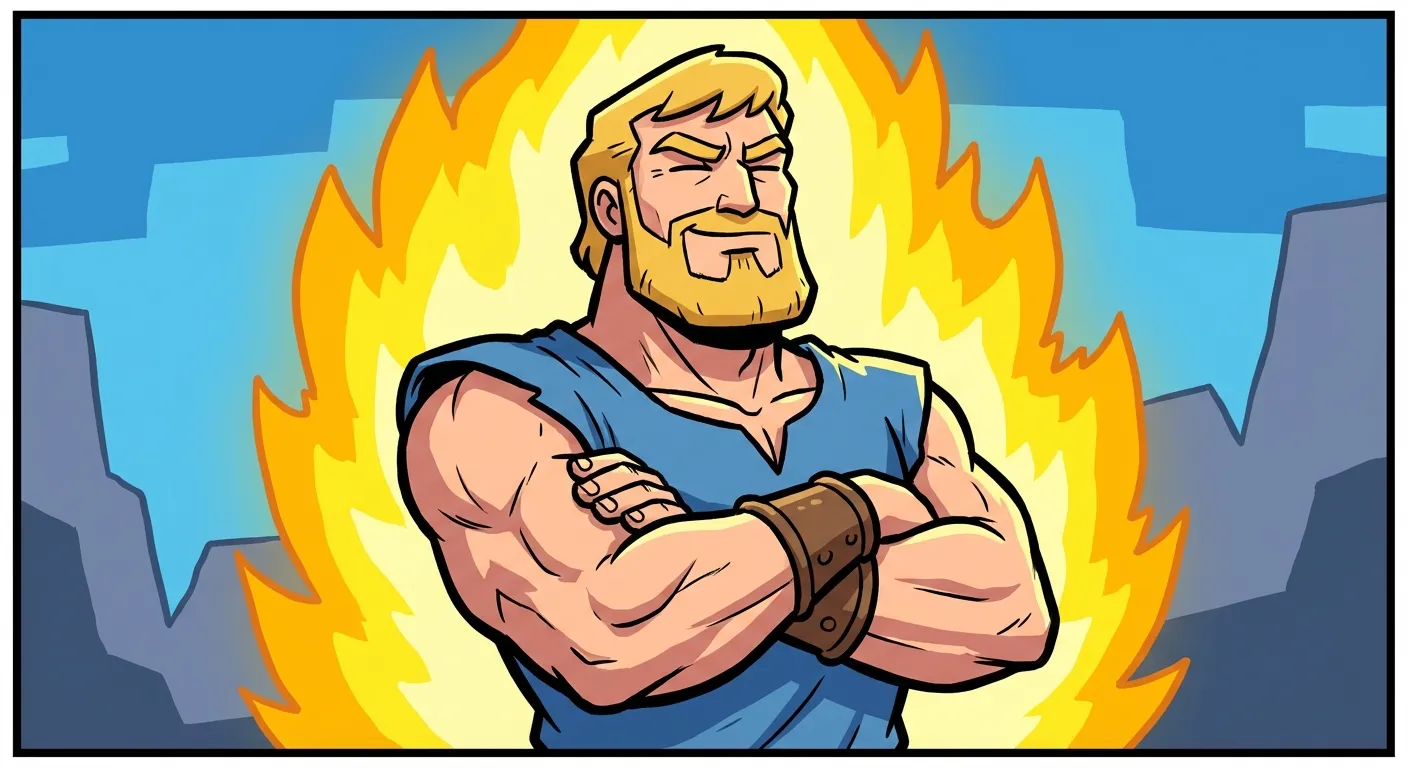 Cartoon illustration of a muscular, chiseled-jaw figure standing with arms crossed in supreme confidence, representing the Yes Chad and GigaChad meme archetype