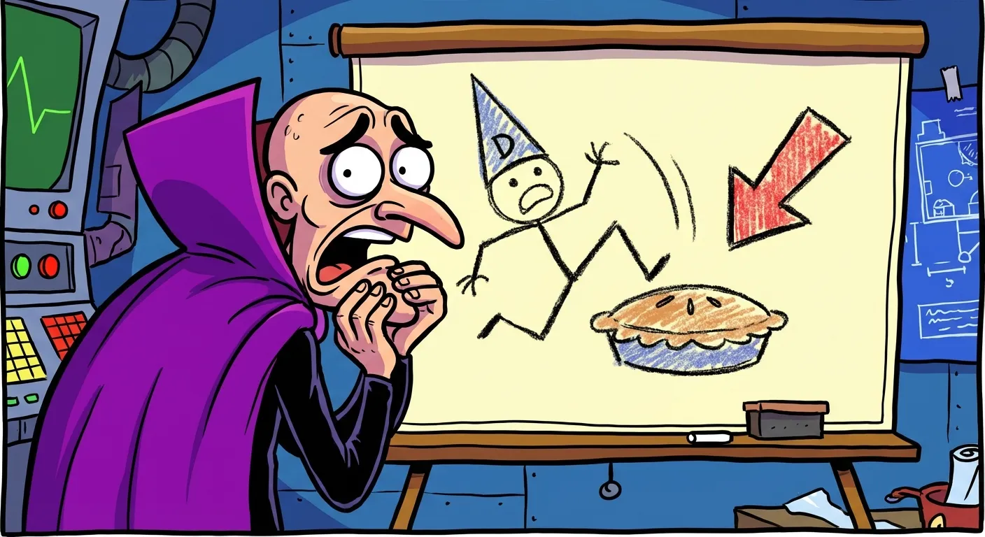 Cartoon illustration of a bald villain character looking back at his presentation board in shock and dismay, realizing his plan has backfired