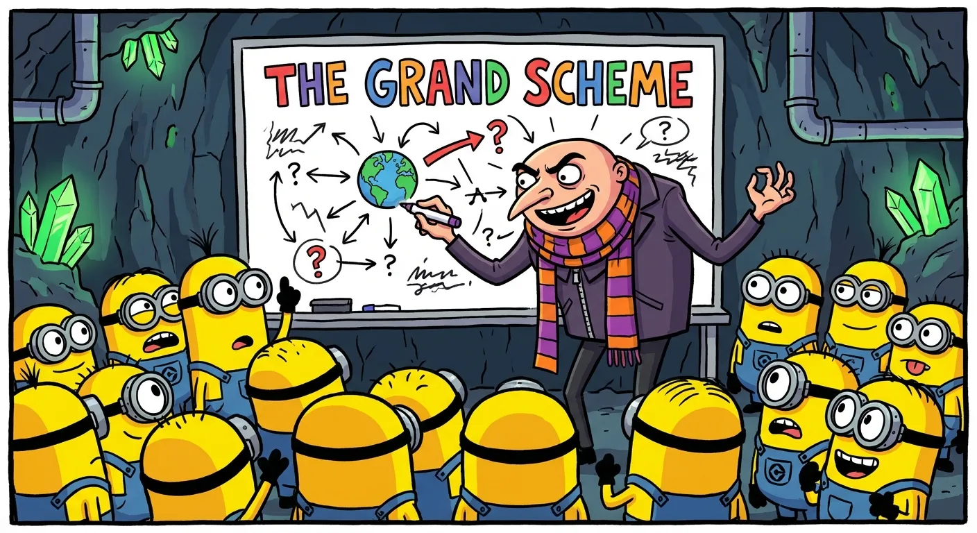 Cartoon illustration of a bald villain character excitedly presenting a grand scheme on a whiteboard to an audience of small yellow minions in an underground lair