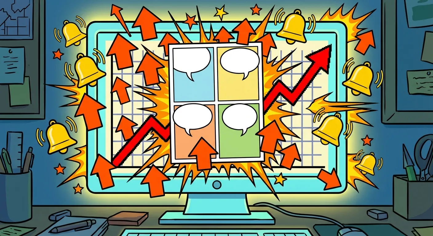 Cartoon illustration of a computer screen showing a meme post going viral with upvote arrows flying everywhere and notification alerts