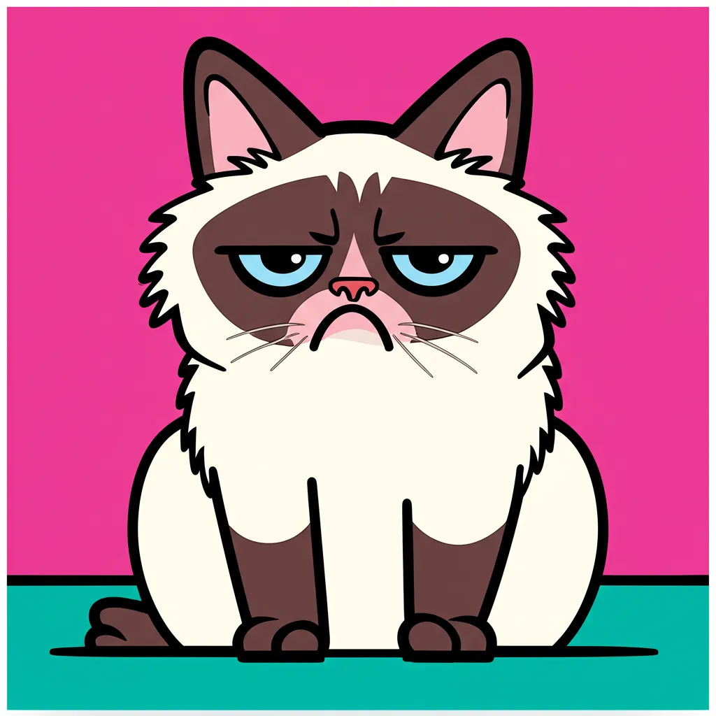Cartoon illustration of Grumpy Cat — a snowshoe cat with a perpetual frown and dark facial markings looking thoroughly displeased