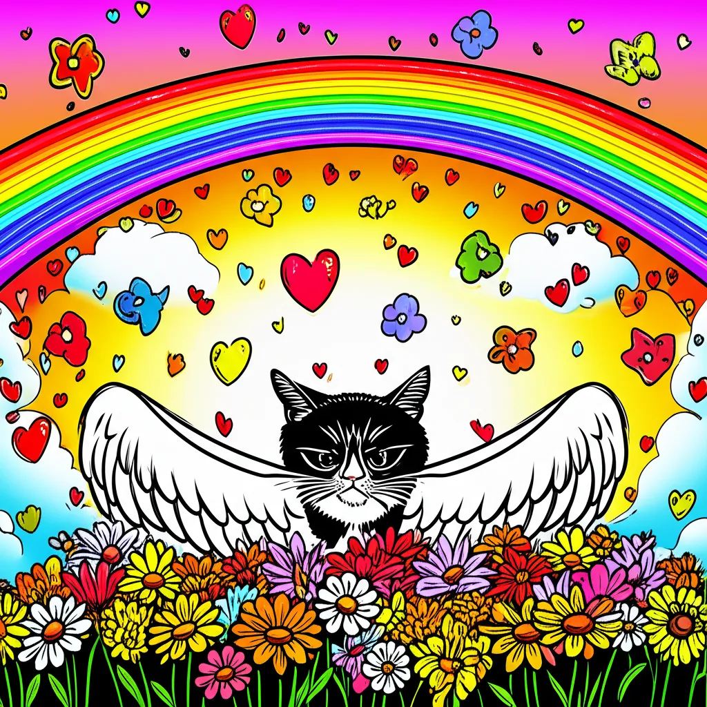 Cartoon illustration of a peaceful memorial scene with a small grumpy cat among angel wings and a rainbow bridge, flowers and hearts in warm golden light