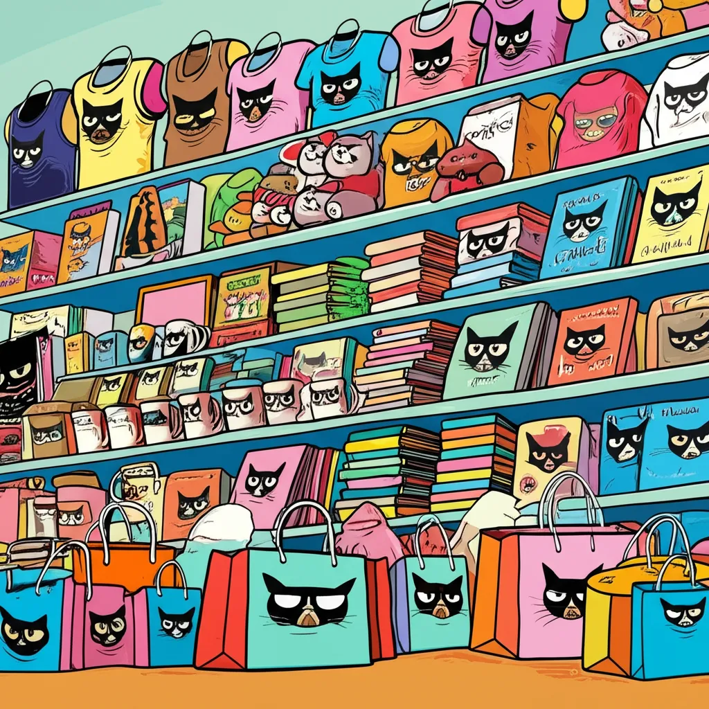 Cartoon illustration of a store display packed with Grumpy Cat merchandise — t-shirts, coffee mugs, plush toys, and books all featuring the iconic frowning face